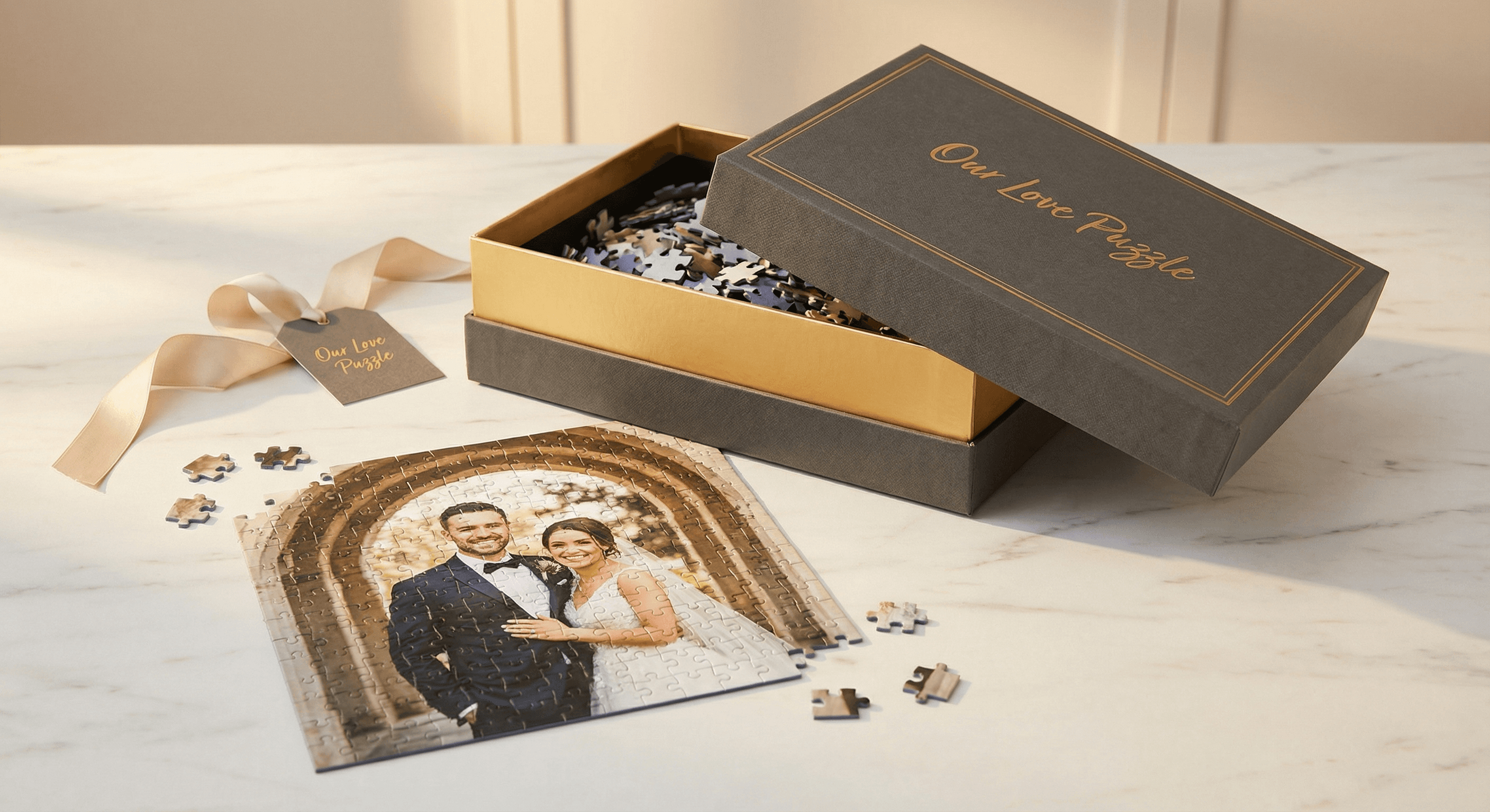 Beautiful custom photo puzzle in premium gift box showing a couple's wedding photo